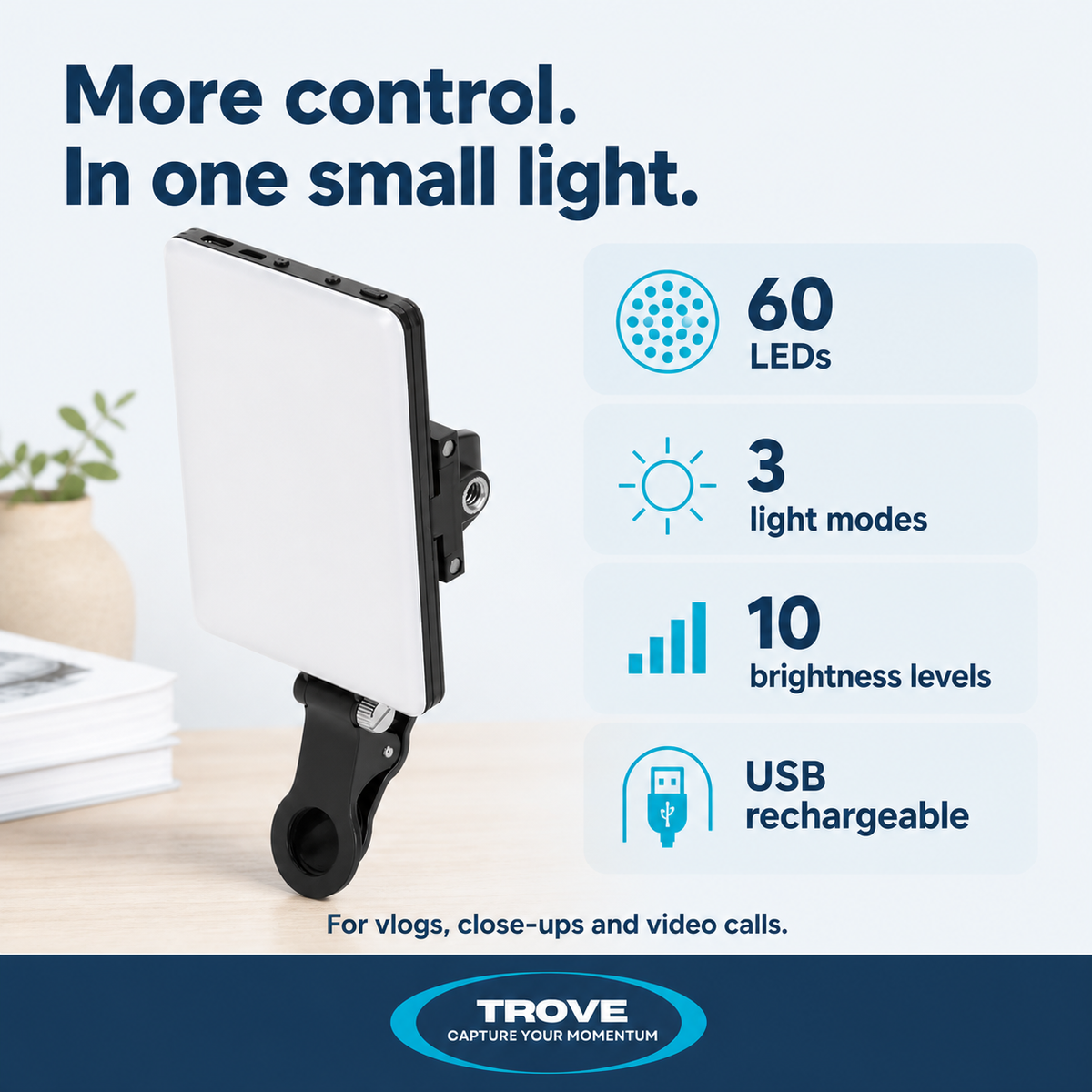 Trove feature overview of the rechargeable light with 60 LEDs, three modes and ten brightness levels