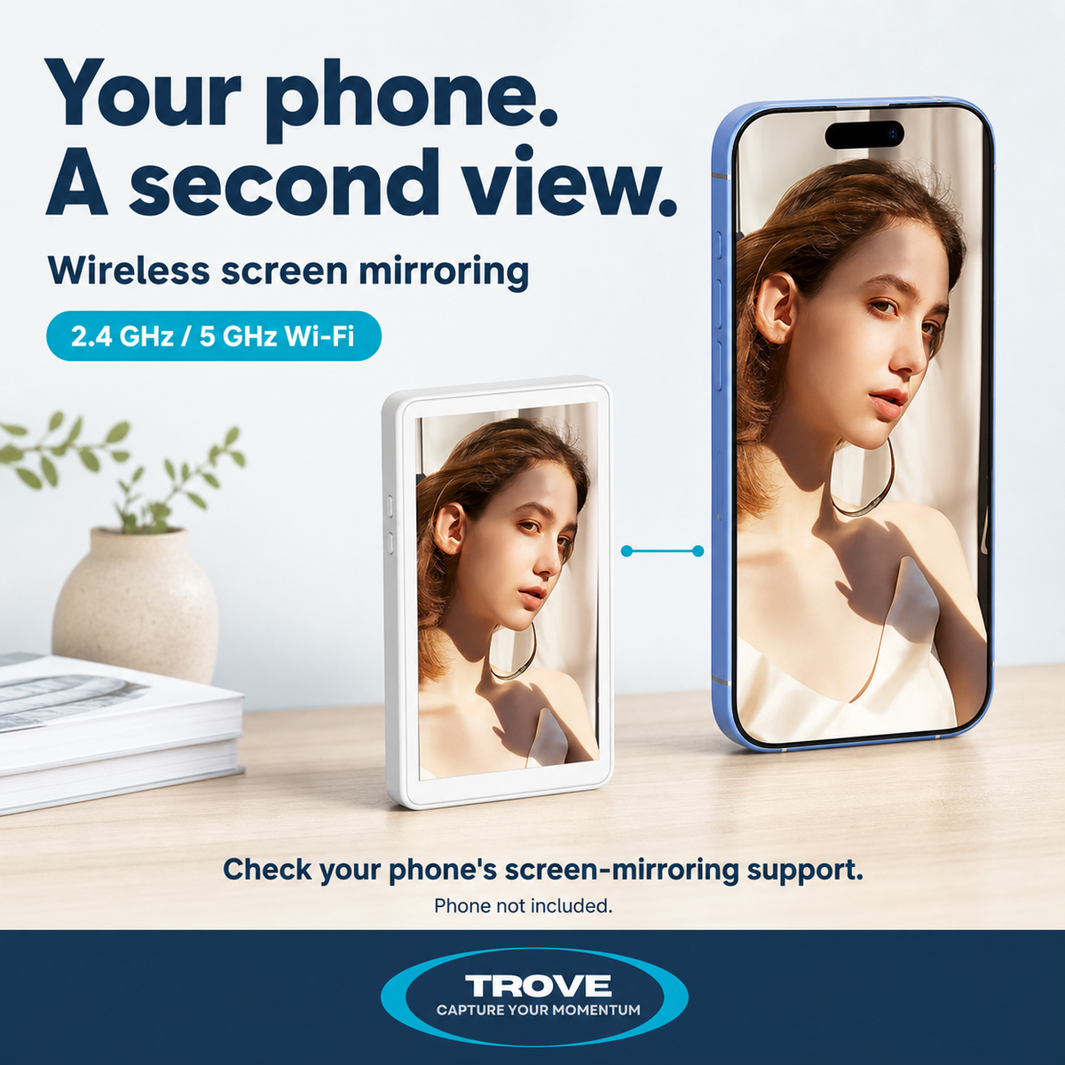 Trove guide showing a phone and companion monitor mirroring the same camera preview over Wi-Fi