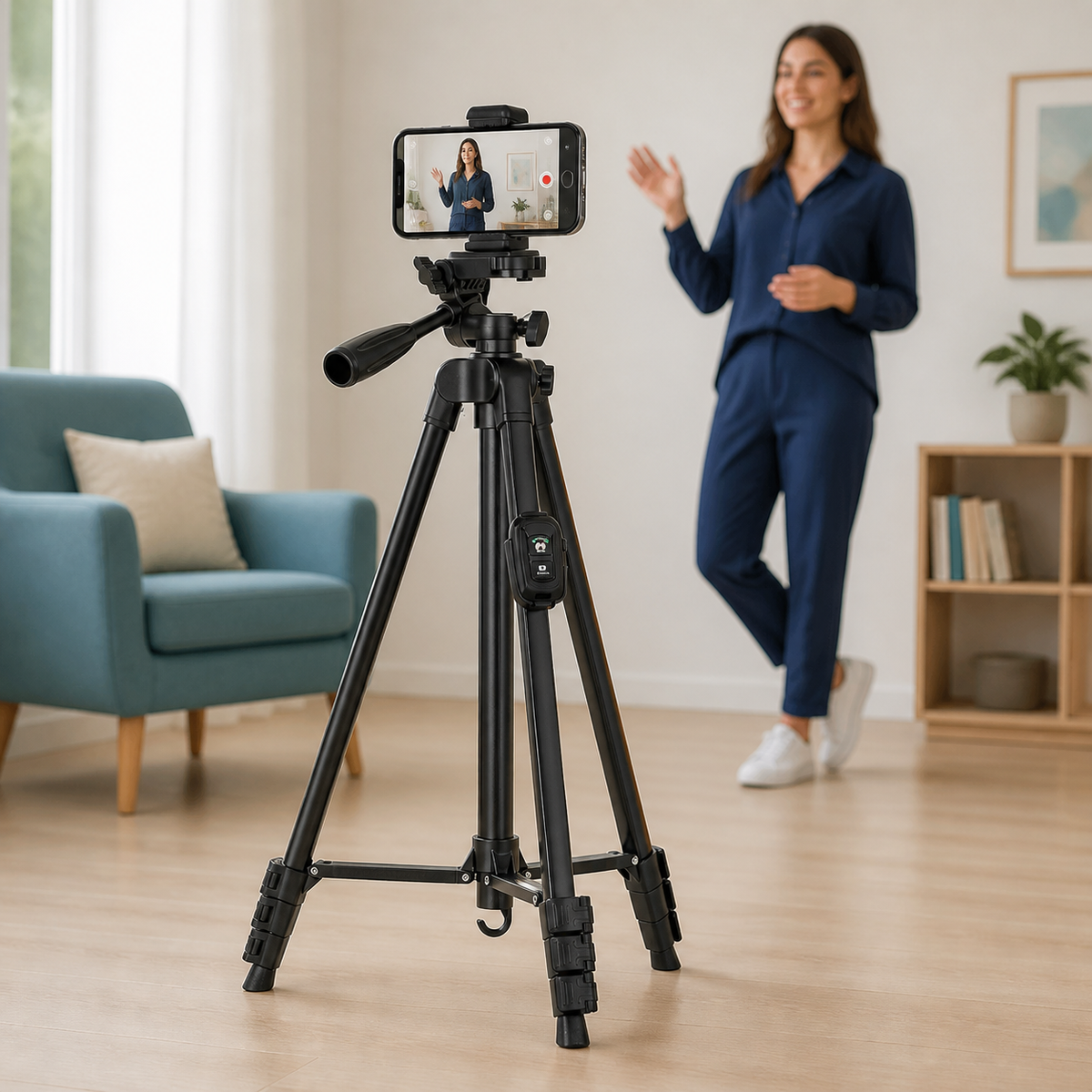 Phone on an aluminium tripod while a creator records a standing video at home
