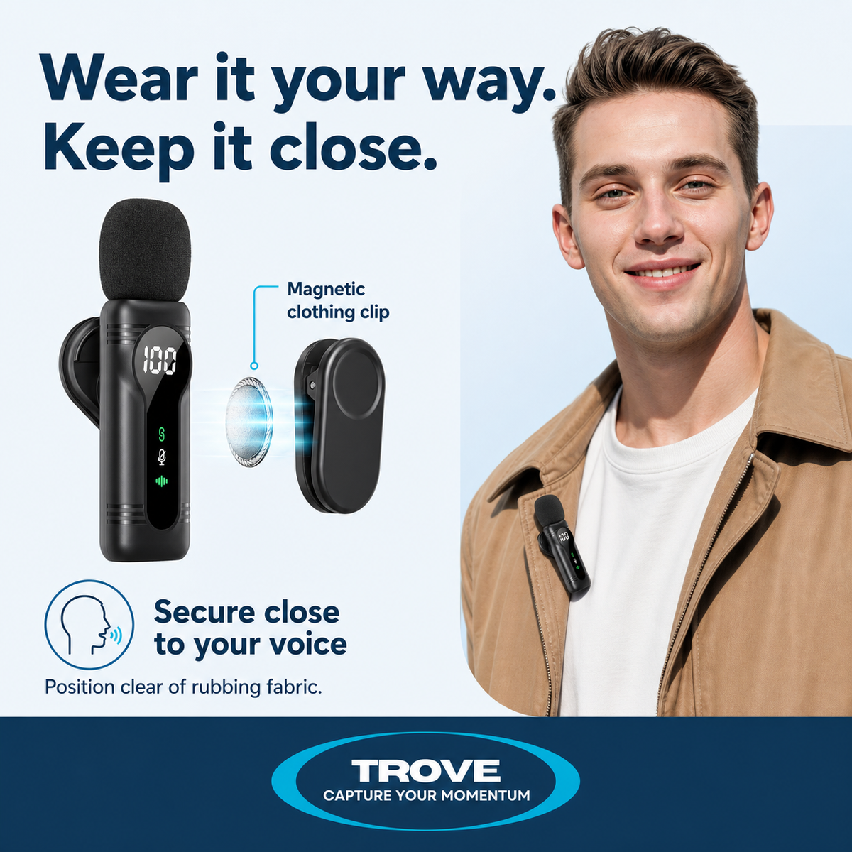 Trove guide showing the microphone secured to clothing with its magnetic clip