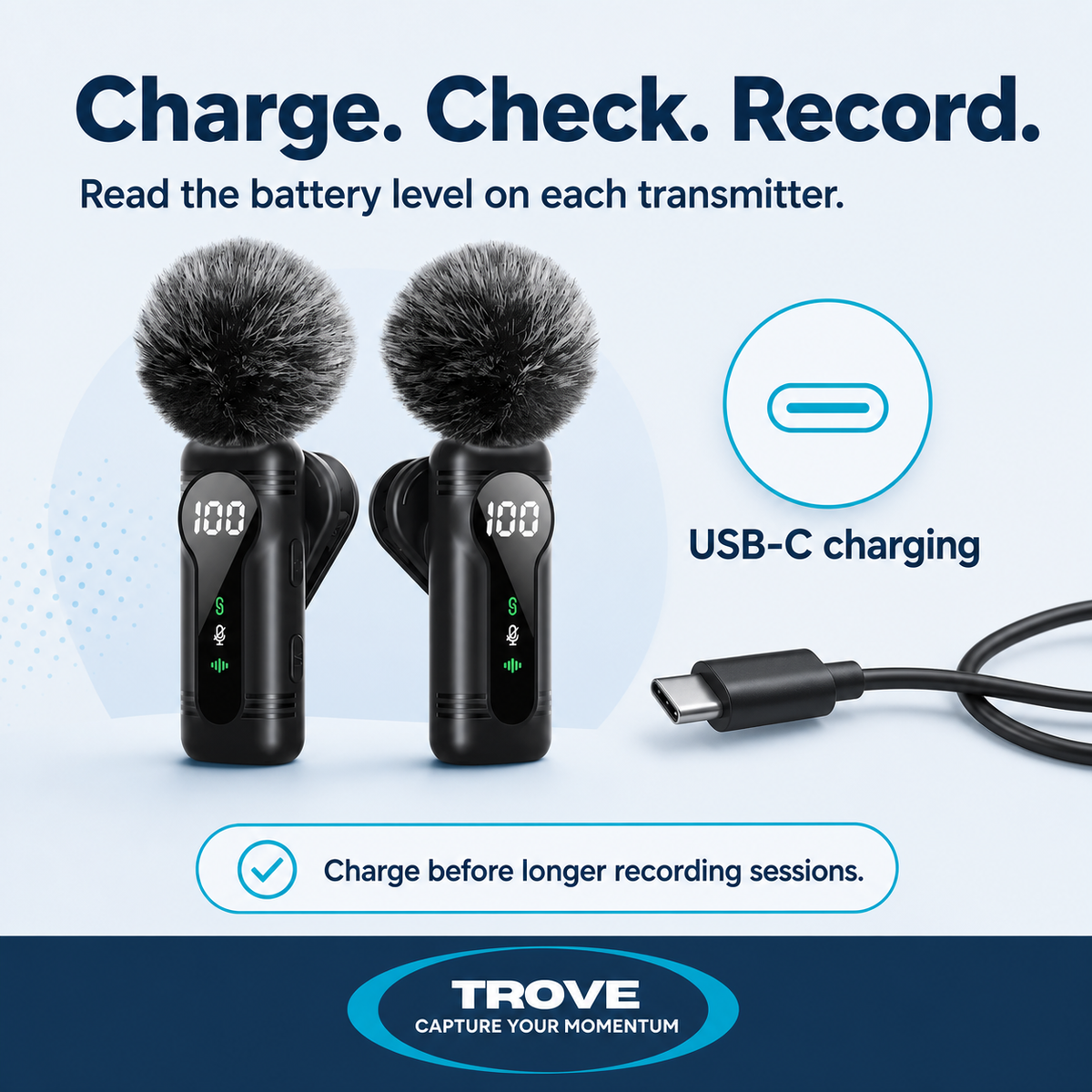 Trove battery guide showing two microphone transmitters with their digital charge levels visible