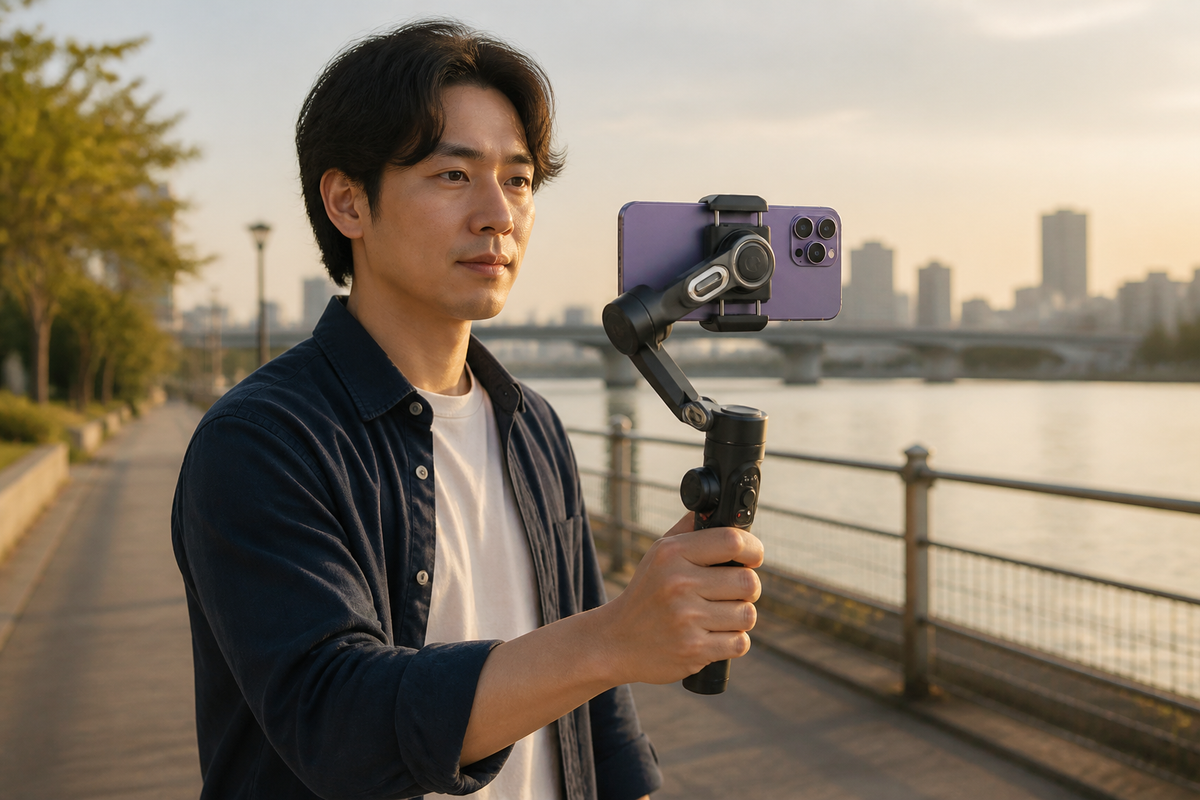 Creator holding a phone gimbal while filming along a quiet riverside walkway