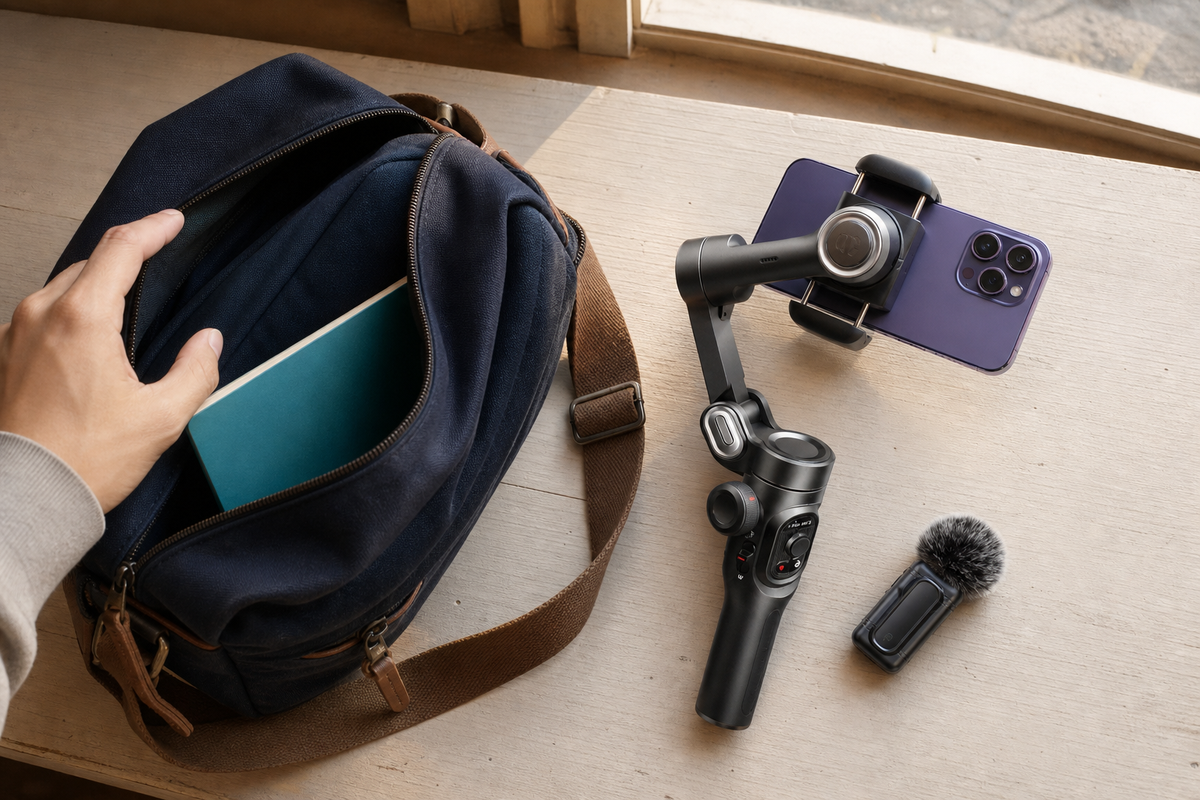 Phone, gimbal and clip-on microphone laid out beside a small bag for a filming day