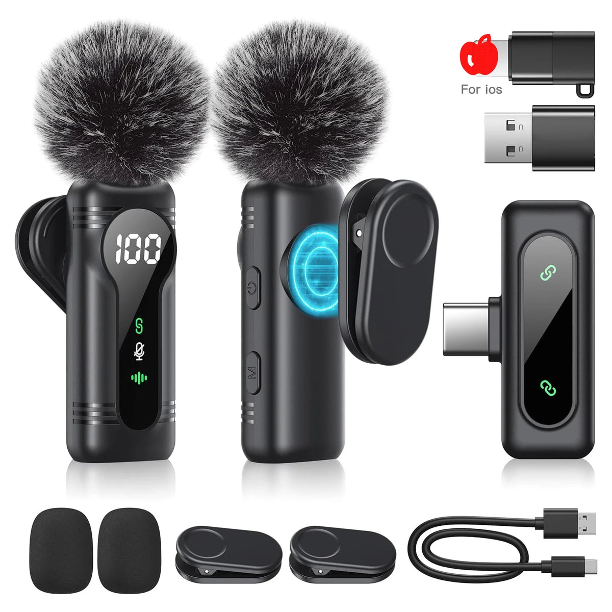 Wireless lavalier mic set with fluffy windscreen, digital display, USB-C adapter, and iOS compatibility for mobile vlogging
