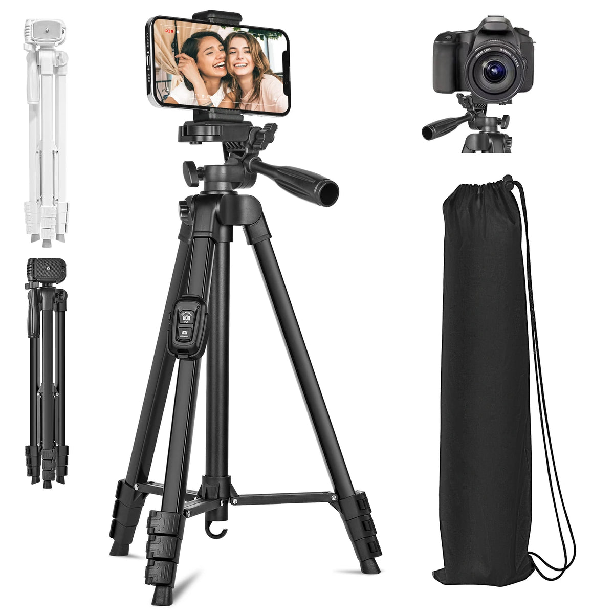 Professional tripod with phone mount, camera adapter, and carry bag for vlogging and content creation