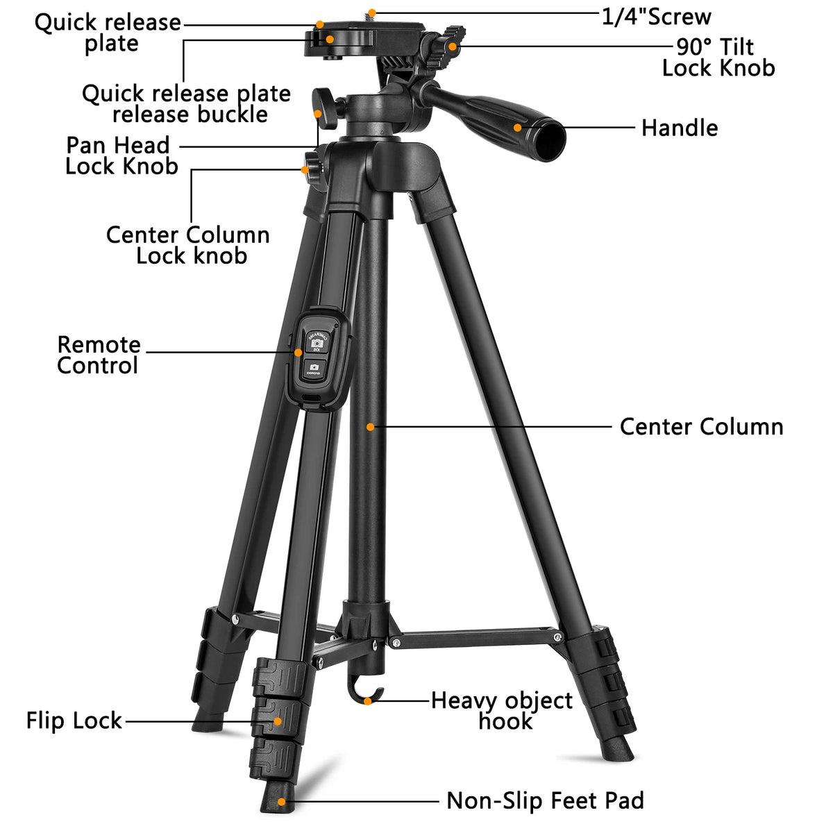 Professional tripod with quick release plate, remote control, and non-slip feet for stable vlogging and photography.