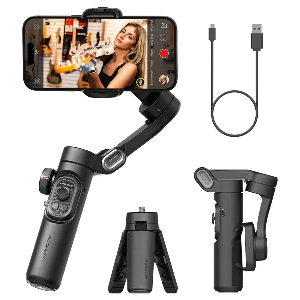 Compact mobile gimbal with tripod, USB cable, and phone mount for smooth vlogging and content creation.