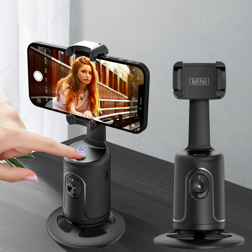 Smart phone vlogging rig with auto tracking, sleek black design for content creators
