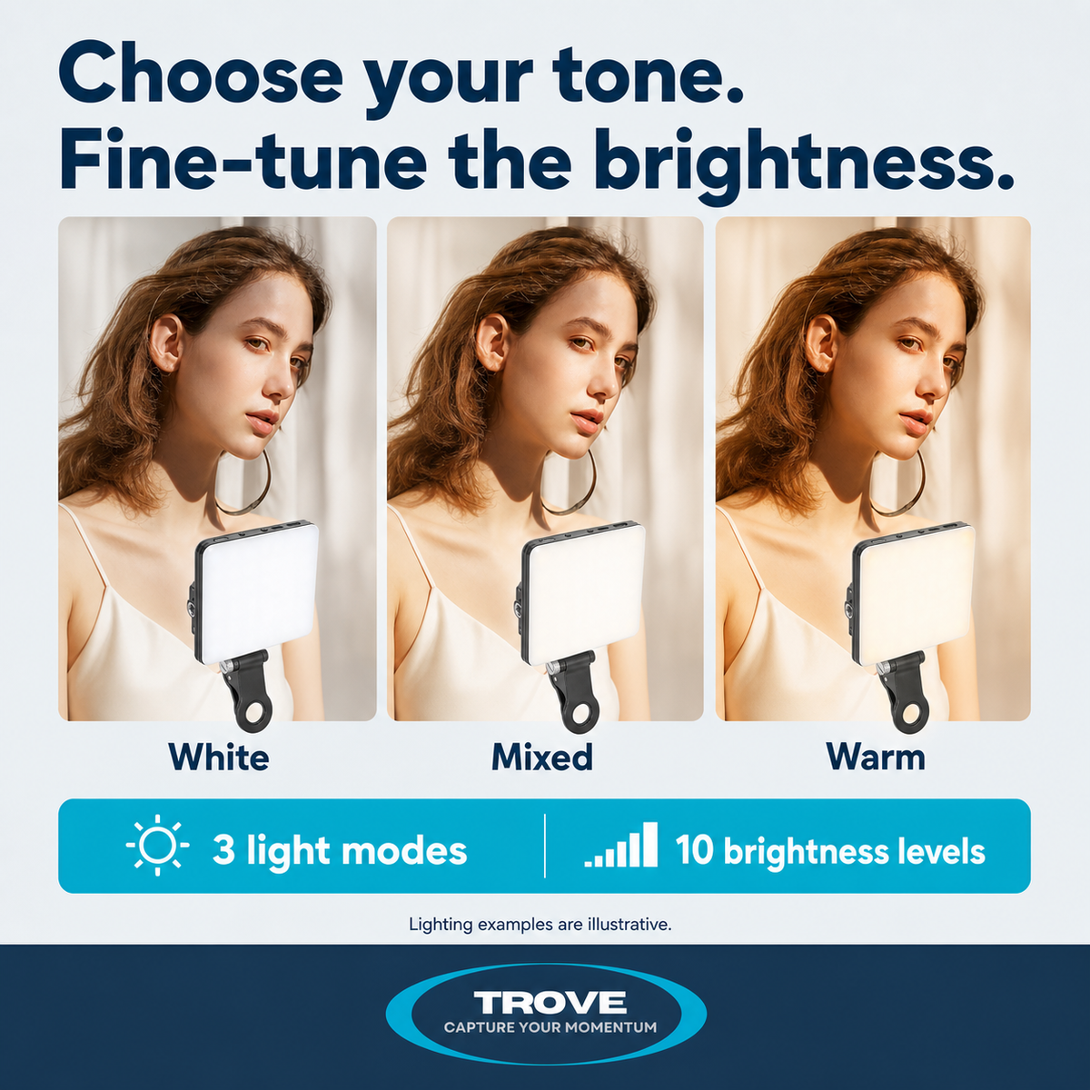 Trove lighting guide illustrating white, mixed and warm light modes with ten brightness levels