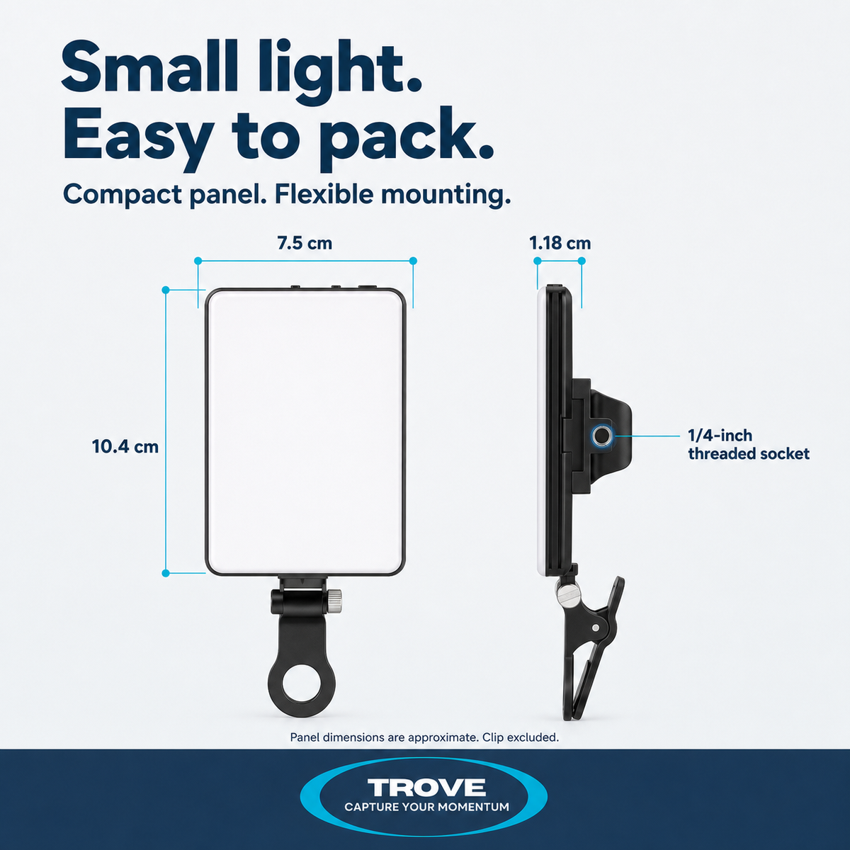 Trove size guide showing the filming light panel dimensions and quarter-inch threaded socket