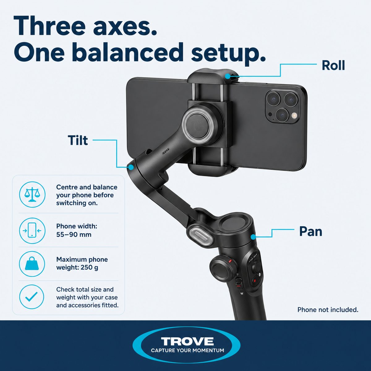 Trove guide labelling the roll, tilt and pan axes of the three-axis smartphone gimbal