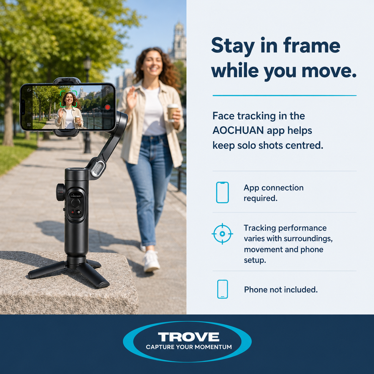 Trove lifestyle guide showing a creator using app-based face tracking with the phone gimbal
