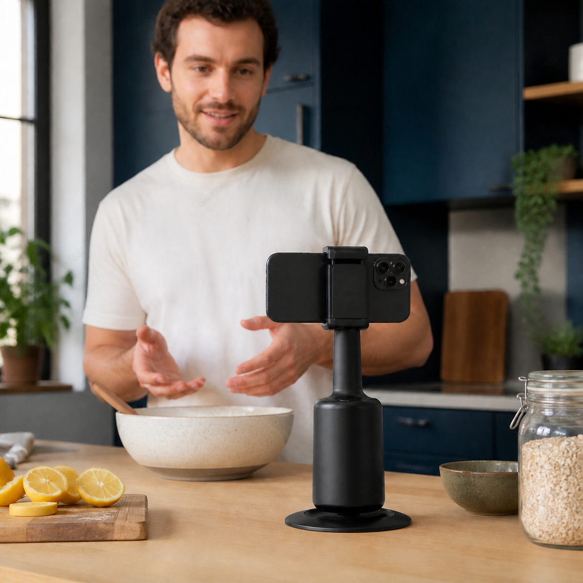 Creator filming a kitchen video using a desktop phone tracking mount