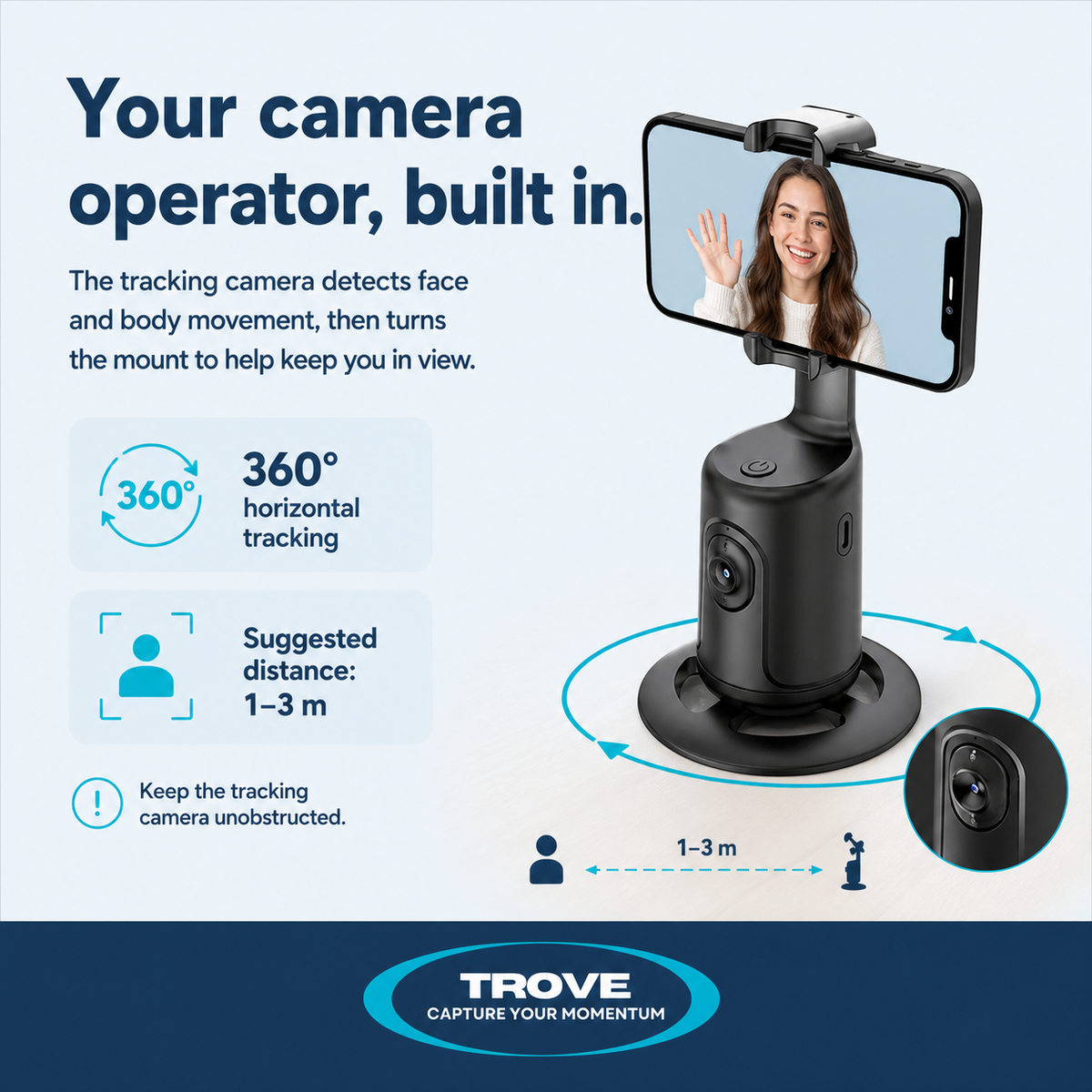 Trove guide showing the built-in tracking camera and 360-degree horizontal movement of the desktop phone mount
