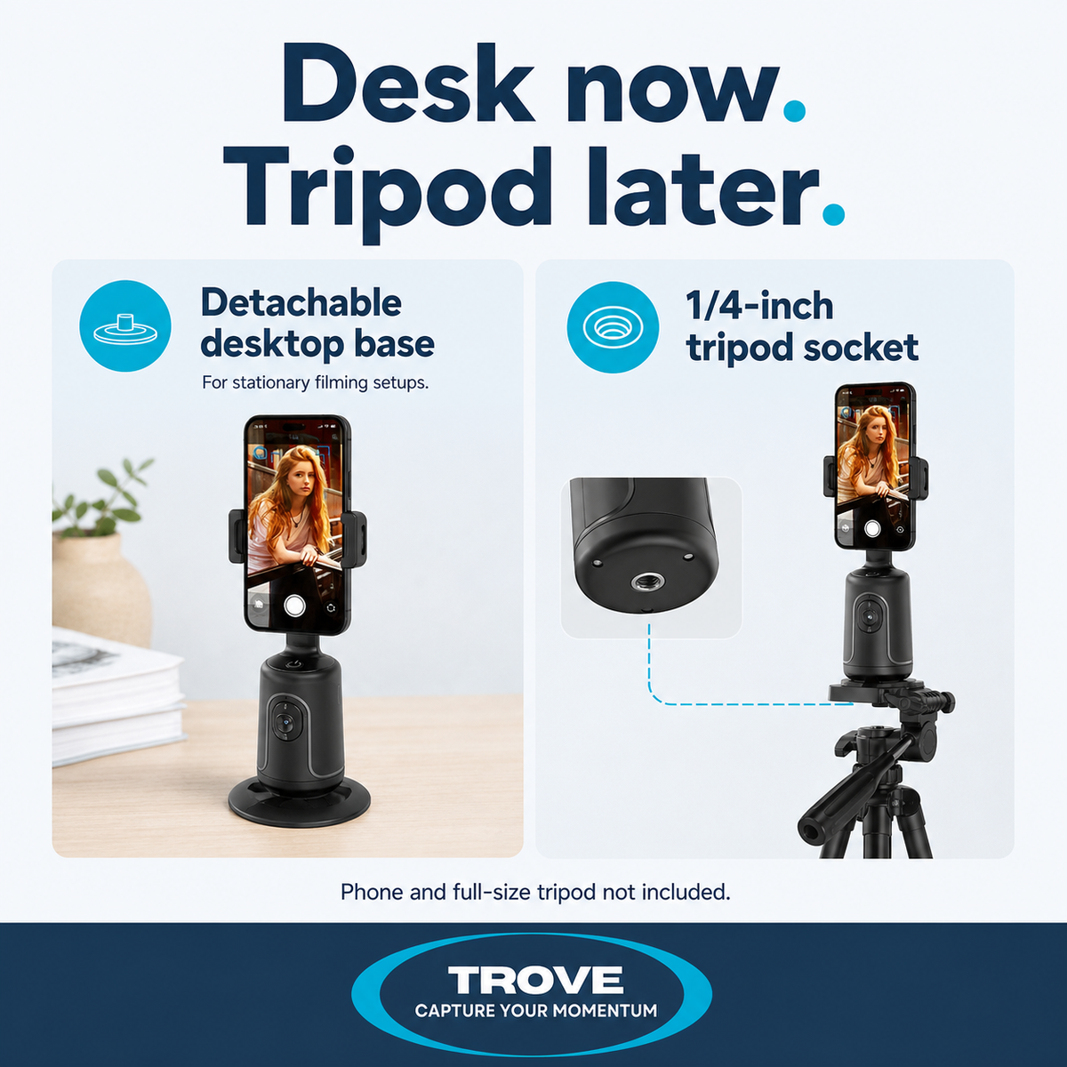 Trove mounting guide showing the detachable desktop base and compatible quarter-inch tripod connection