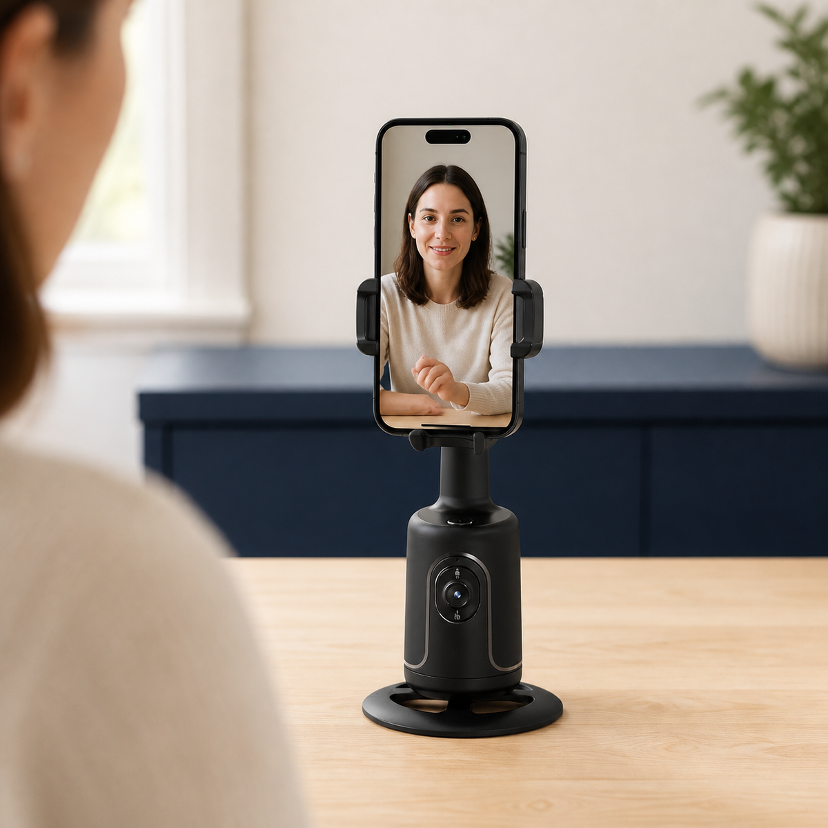 Auto-tracking phone mount shown holding a phone