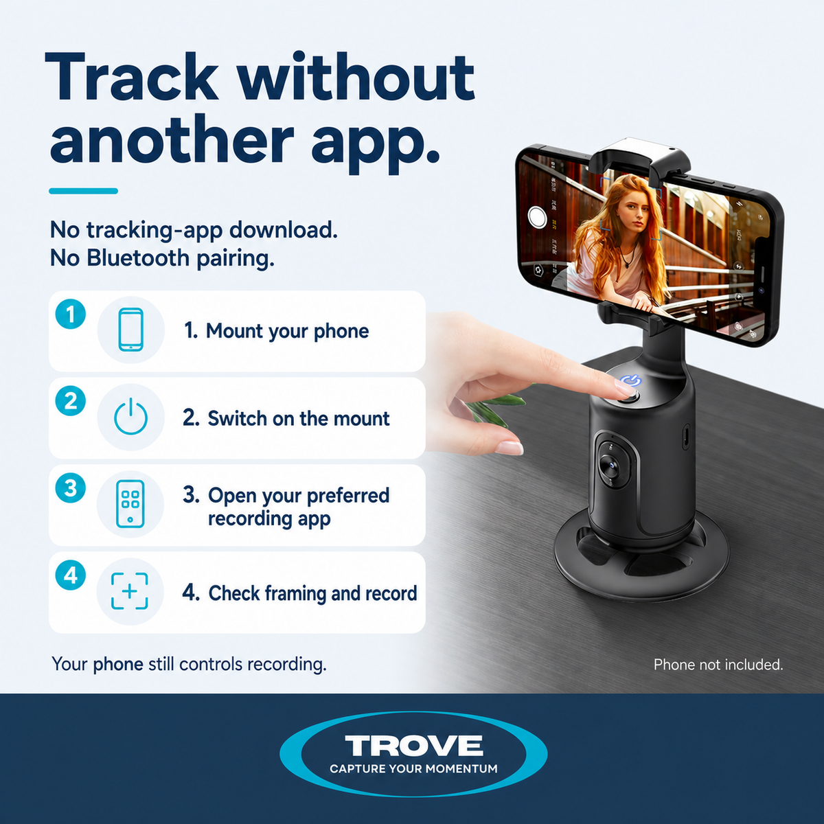 Trove setup guide explaining that the tracking mount works without a separate tracking app or Bluetooth pairing