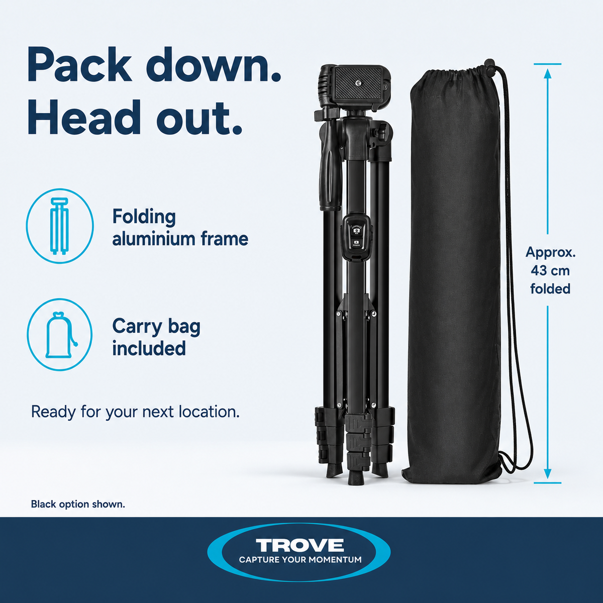 Trove packing guide showing the folded black tripod and included plain carry bag