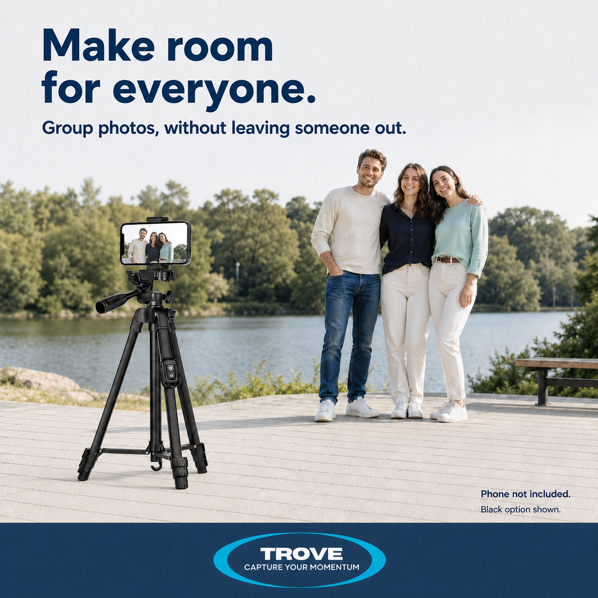 Trove lifestyle graphic showing the black tripod framing three friends for a group photo outdoors