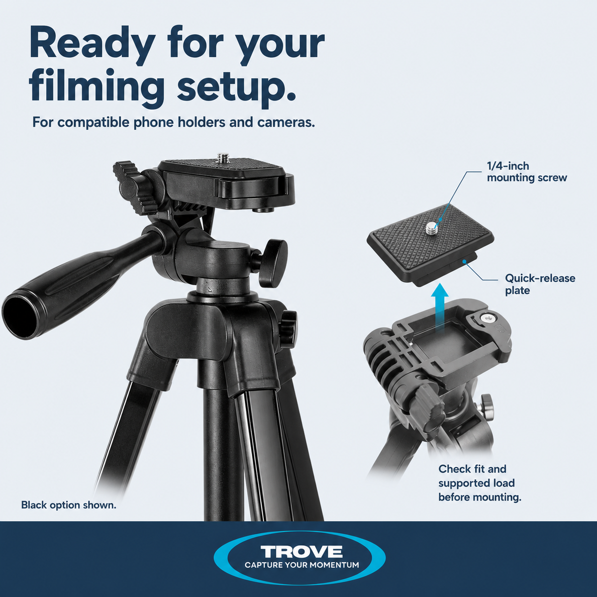 Trove mounting guide showing the tripod quick-release plate and quarter-inch camera screw