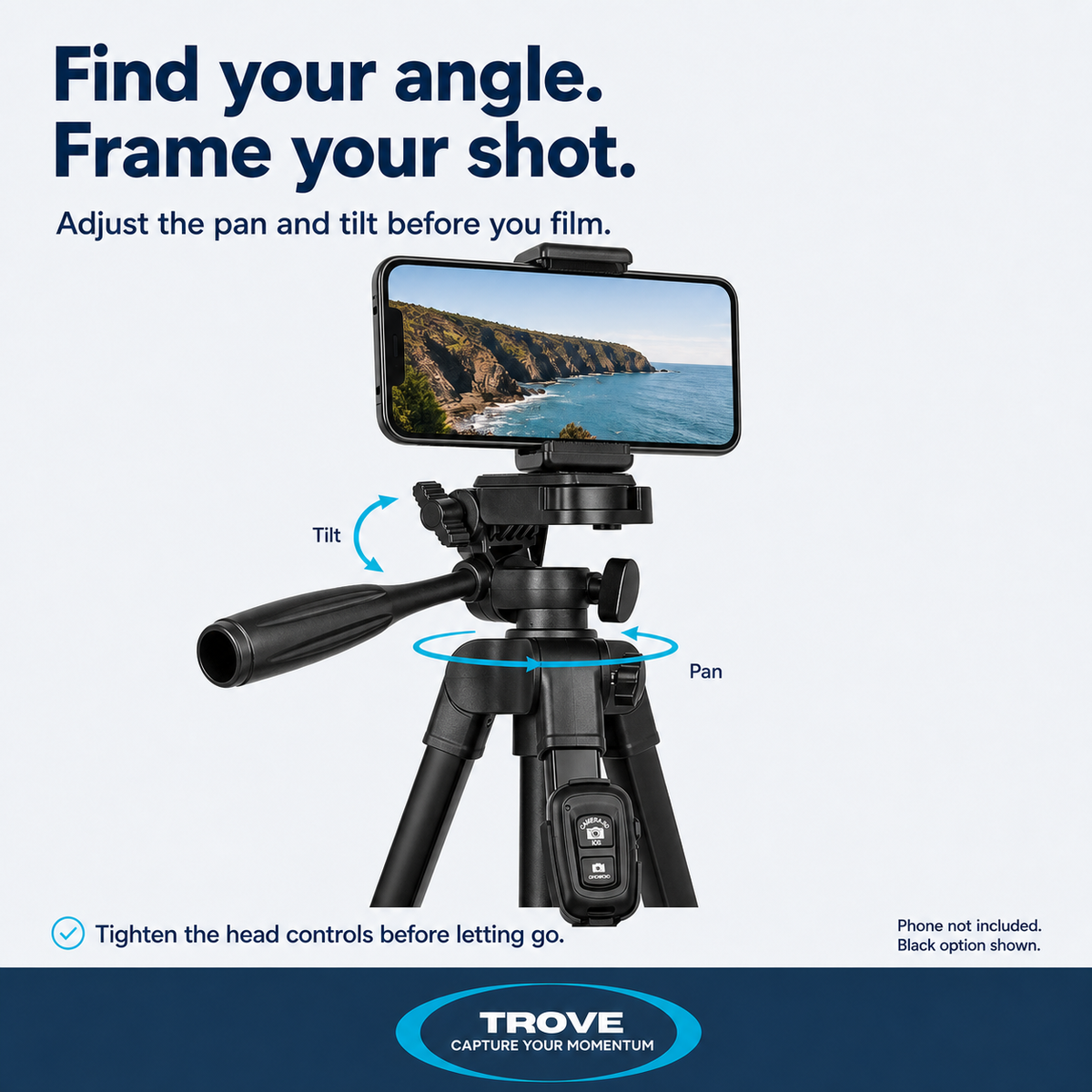 Trove guide showing the tripod head's manual pan and tilt adjustments