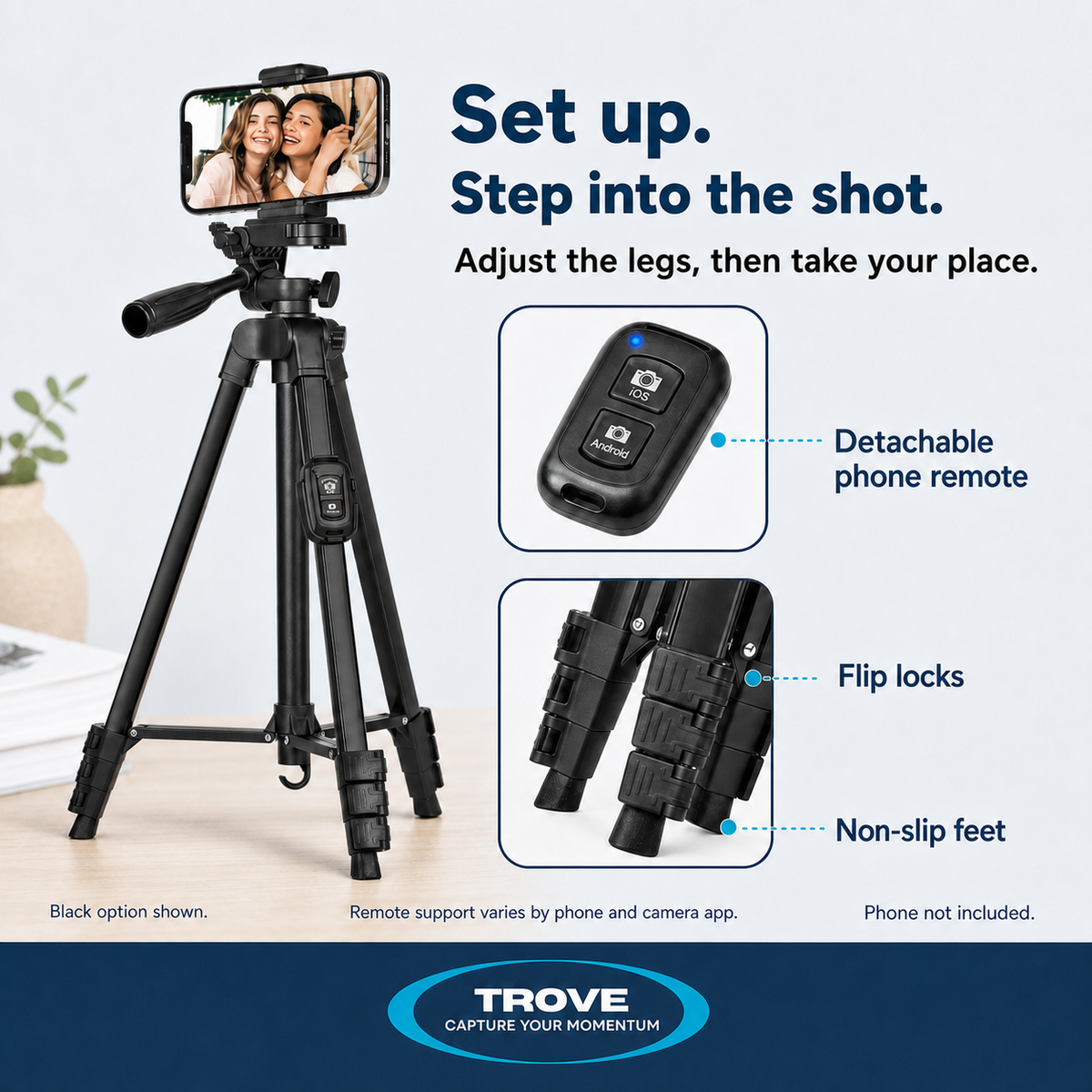 Trove guide to the detachable phone remote, leg flip locks and non-slip tripod feet