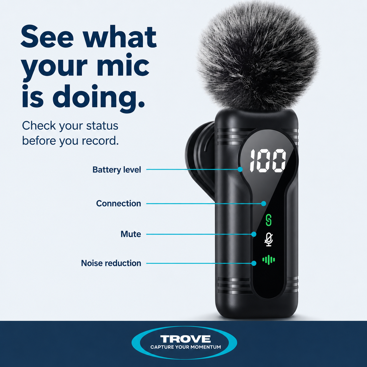 Trove display guide labelling battery, connection, mute and noise-reduction indicators