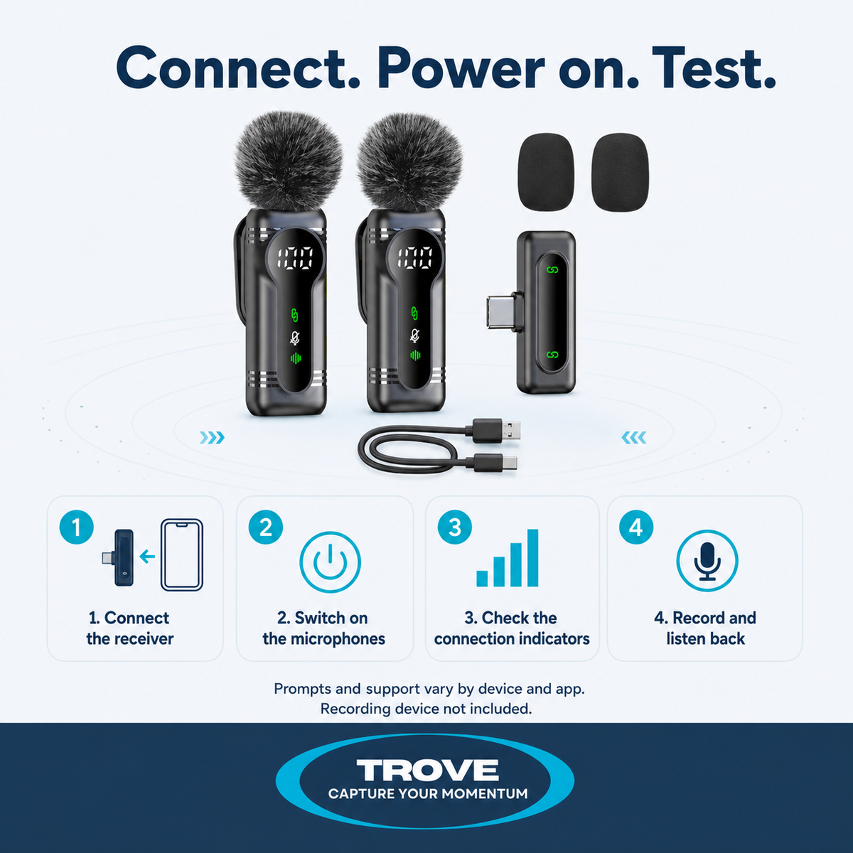 Trove setup guide showing the receiver connected before both microphone transmitters are switched on