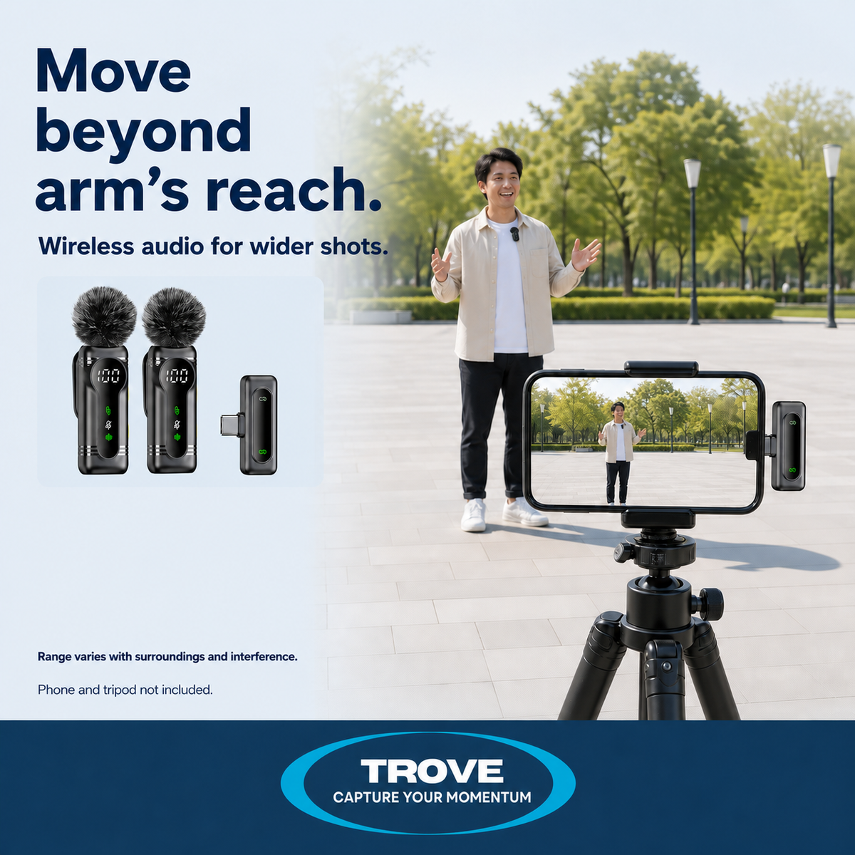 Trove lifestyle guide showing a presenter using the wireless microphone in a wider phone shot